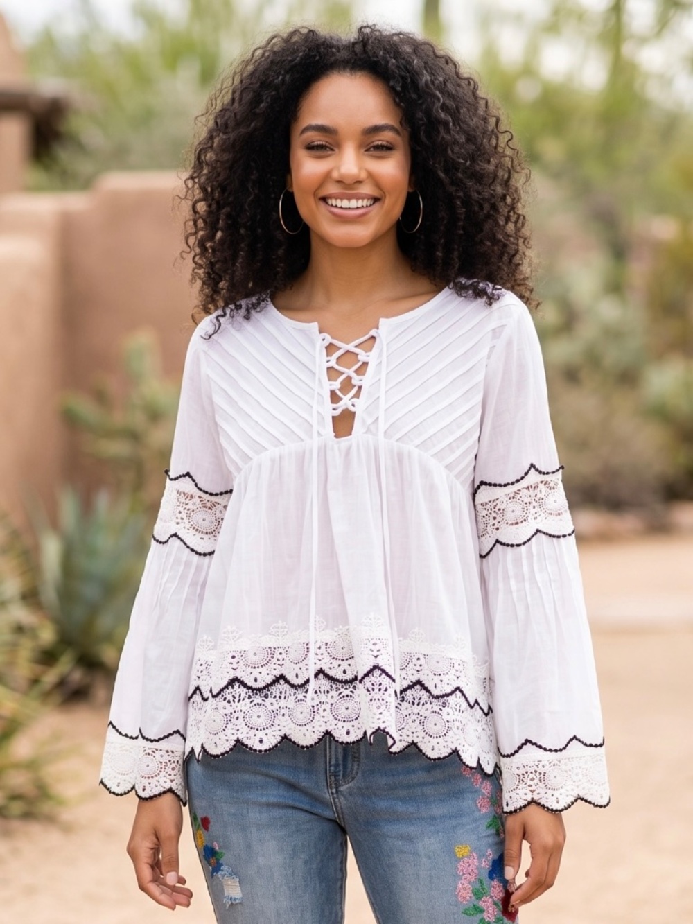 POL White Lace Trim Peasant Top | Long Bell Sleeve Cotton Babydoll - Picture 6 of 6